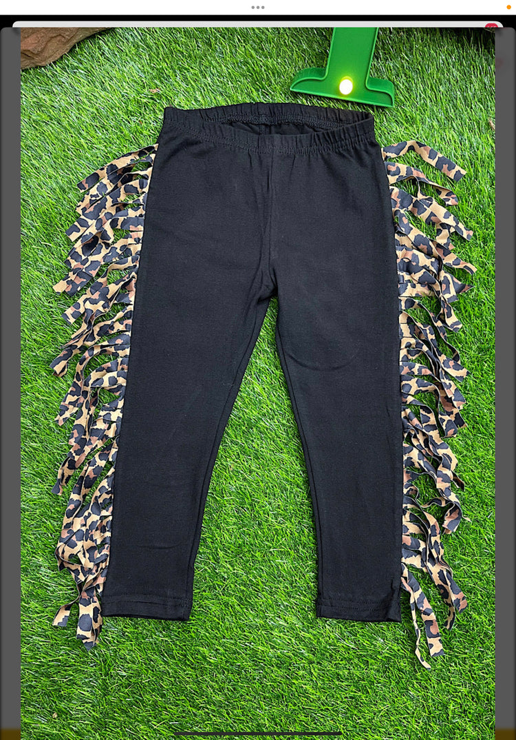 BLACK PANTS WITH CHEETAH FRINGES-This & That Couture