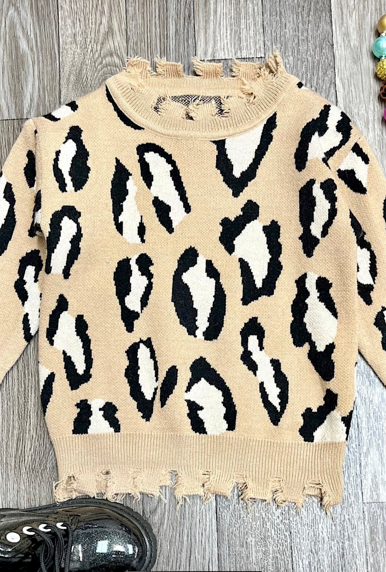 CREAM WITH BLACK/WHITE PRINTS SWEATER-This &amp; That Couture